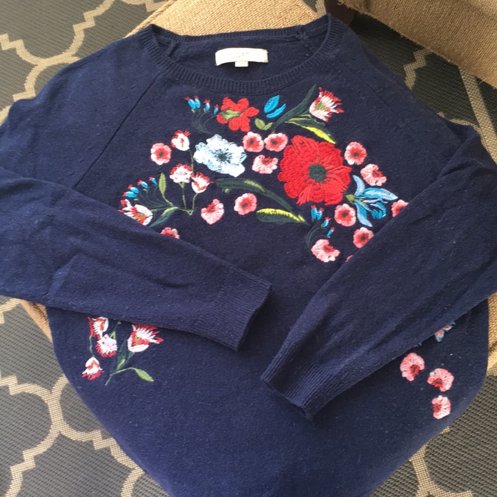 Navy LOFT sweater with floral embroidery